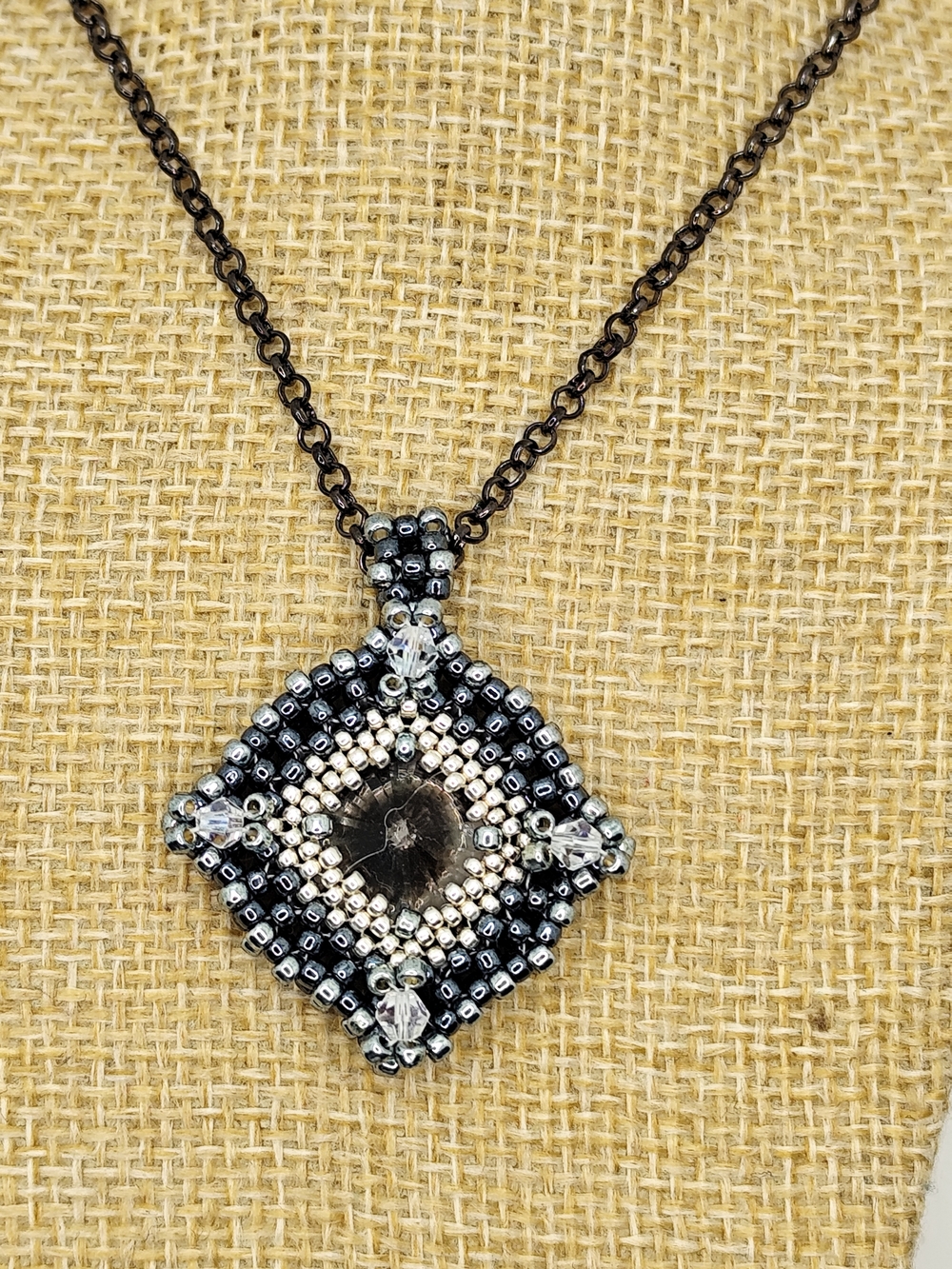 Black and Silver Beaded Diamond-Shaped Pendant Necklace